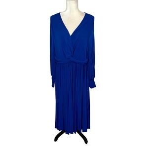 ELOQUII NEW Women's PLUS 18 Knot Front Pleated Skirt Long Sleeve Midi Dress Blue
